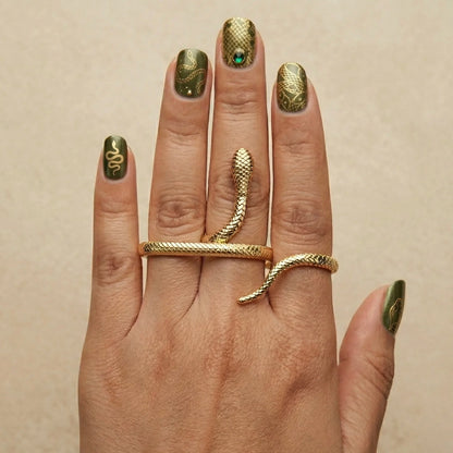 Adjustable, 18Kt Gold Plated three finger snake Wrap Ring stack