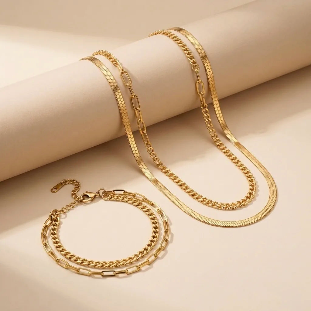 18Kt Gold Plated Layered Chain Necklace & Bracelet Set