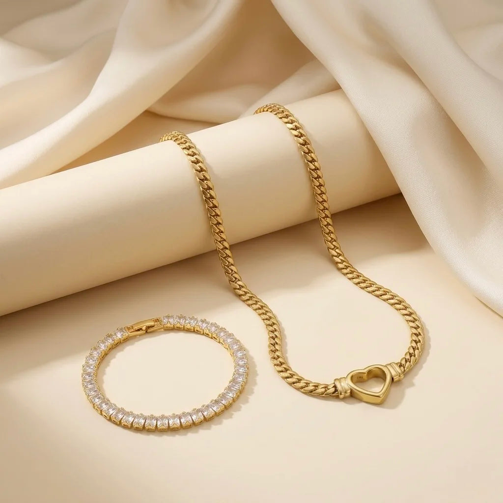 18Kt Gold Plated Heart Necklace & Tennis Bracelet Combo