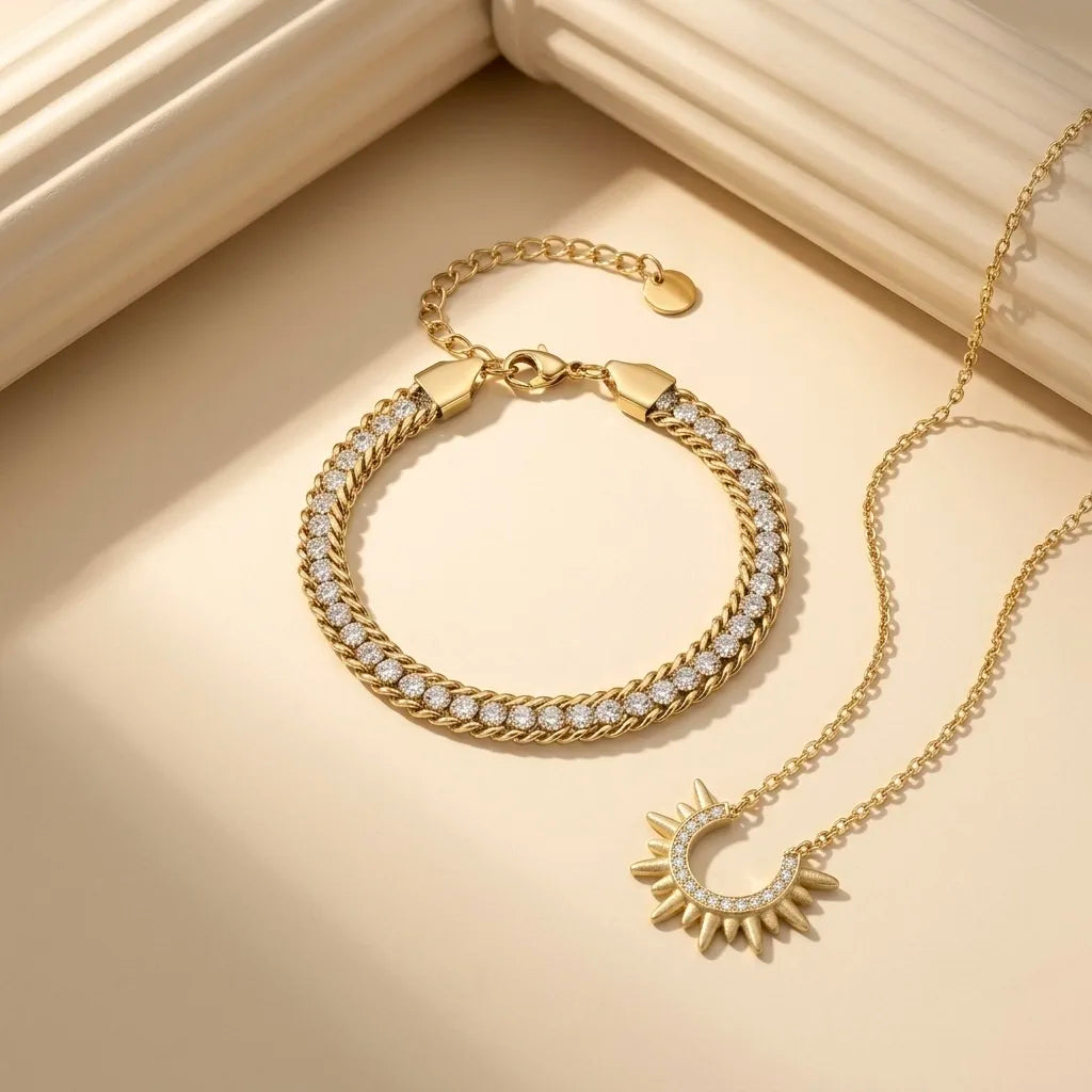 18Kt Gold Plated layer Tennis Bracelet & Sun Necklace Set