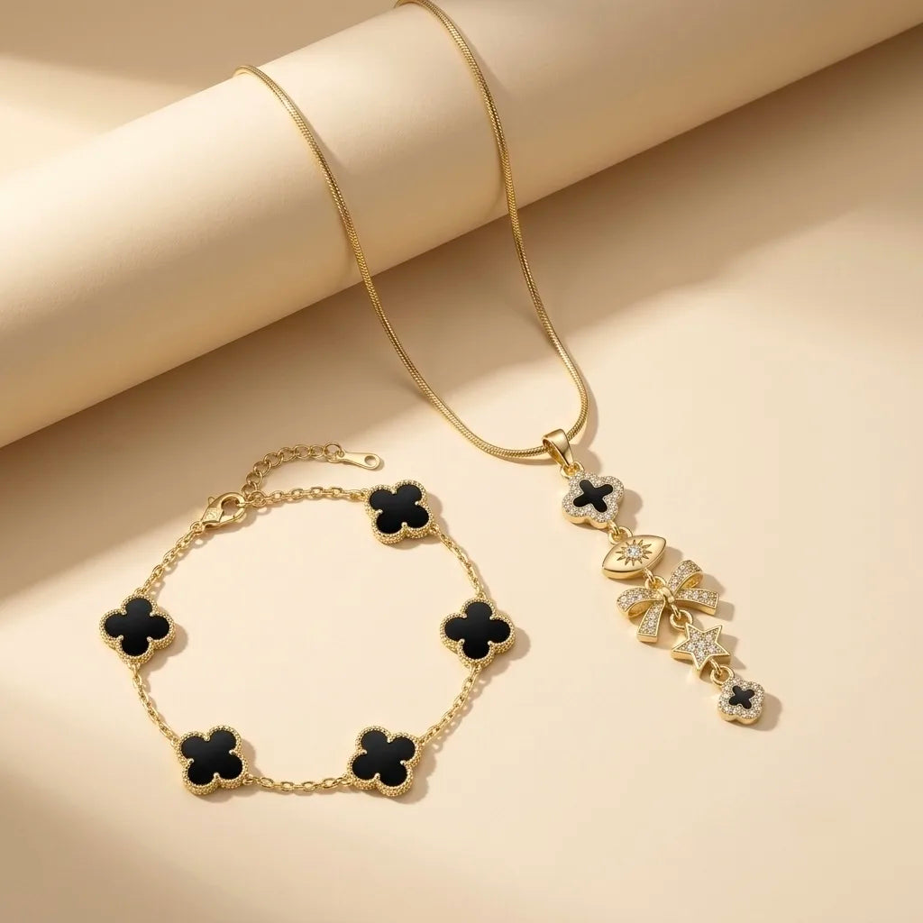 18Kt Gold Plated Clover Pendant Necklace & Black Bracelet Set