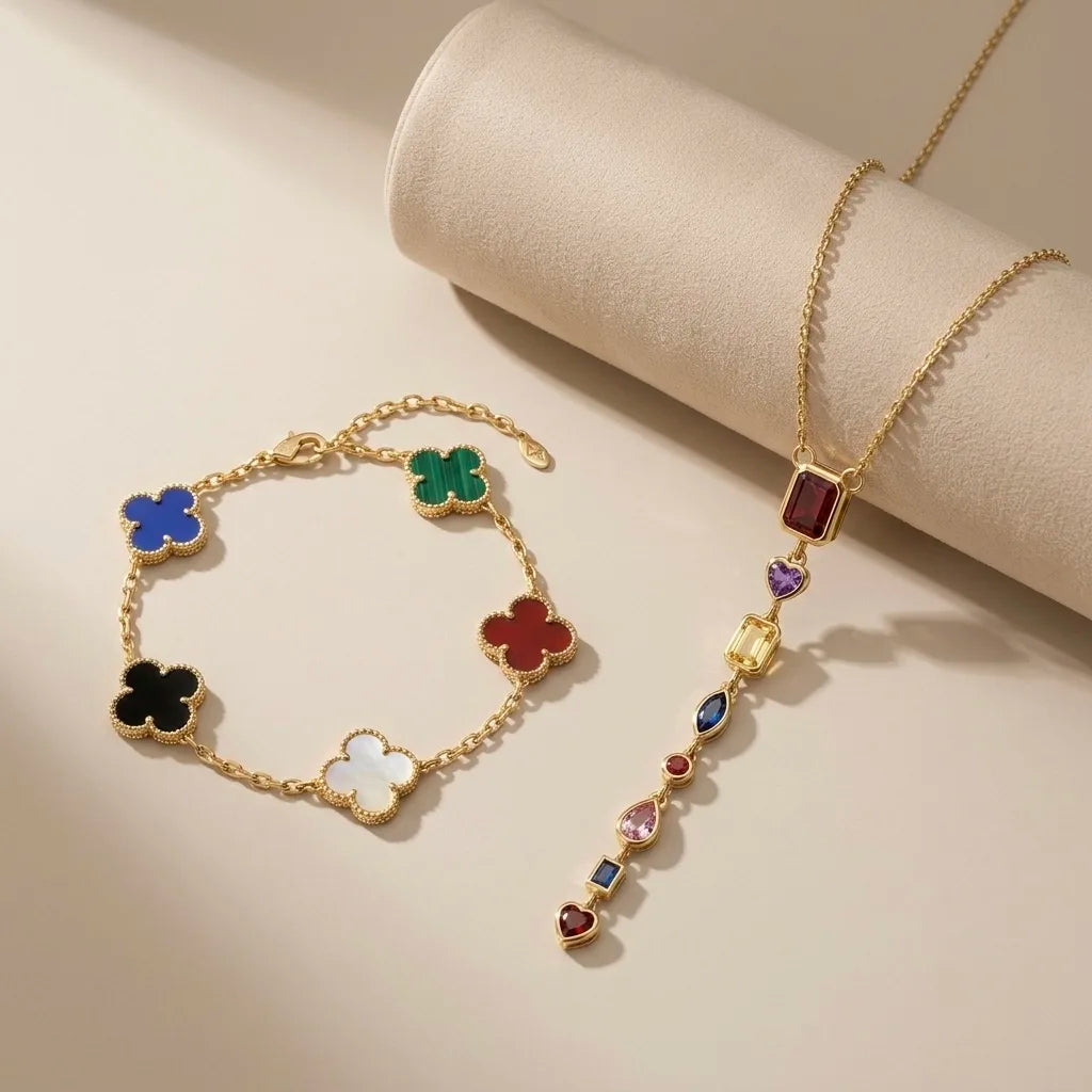 18Kt Gold Plated Multicolor Necklace with Multicolour clover  Bracelet Set