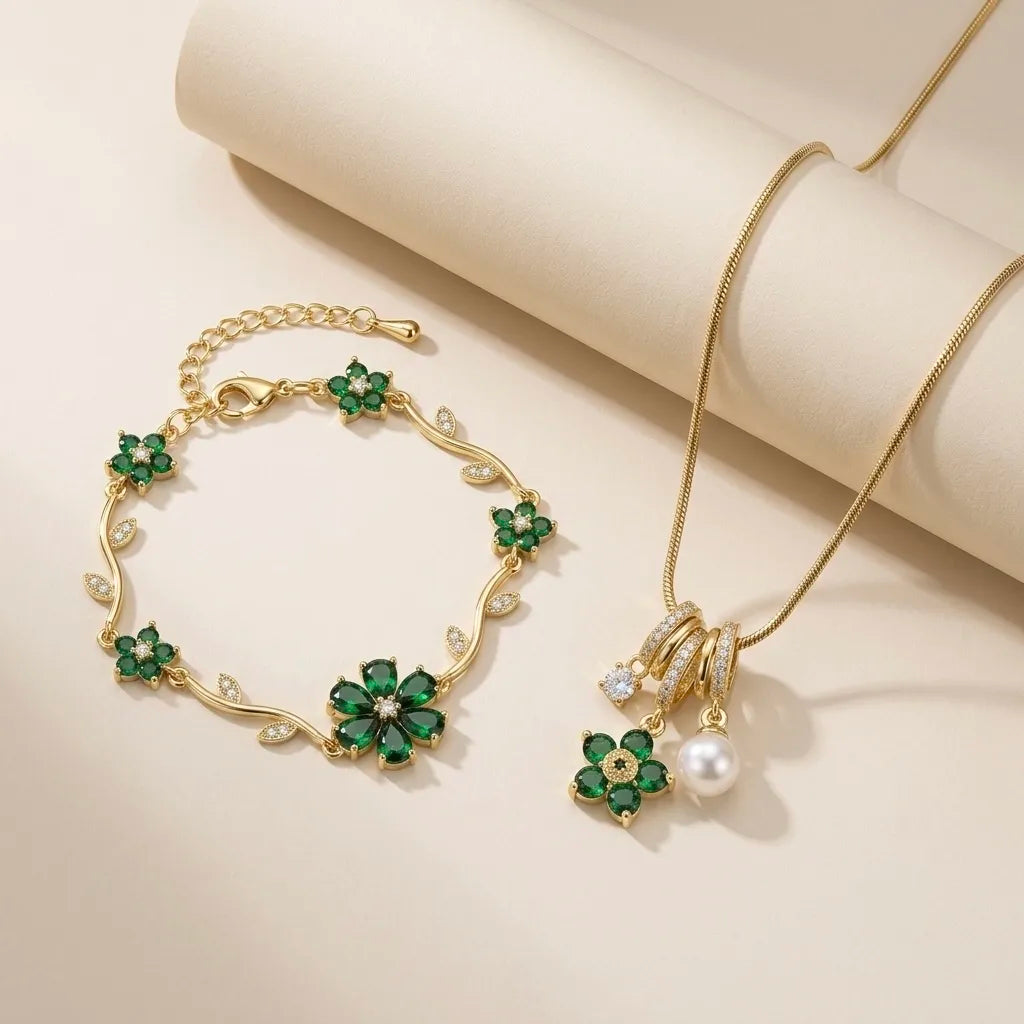 18Kt Gold Plated Green Crystal Floral Jewellery Set for Women