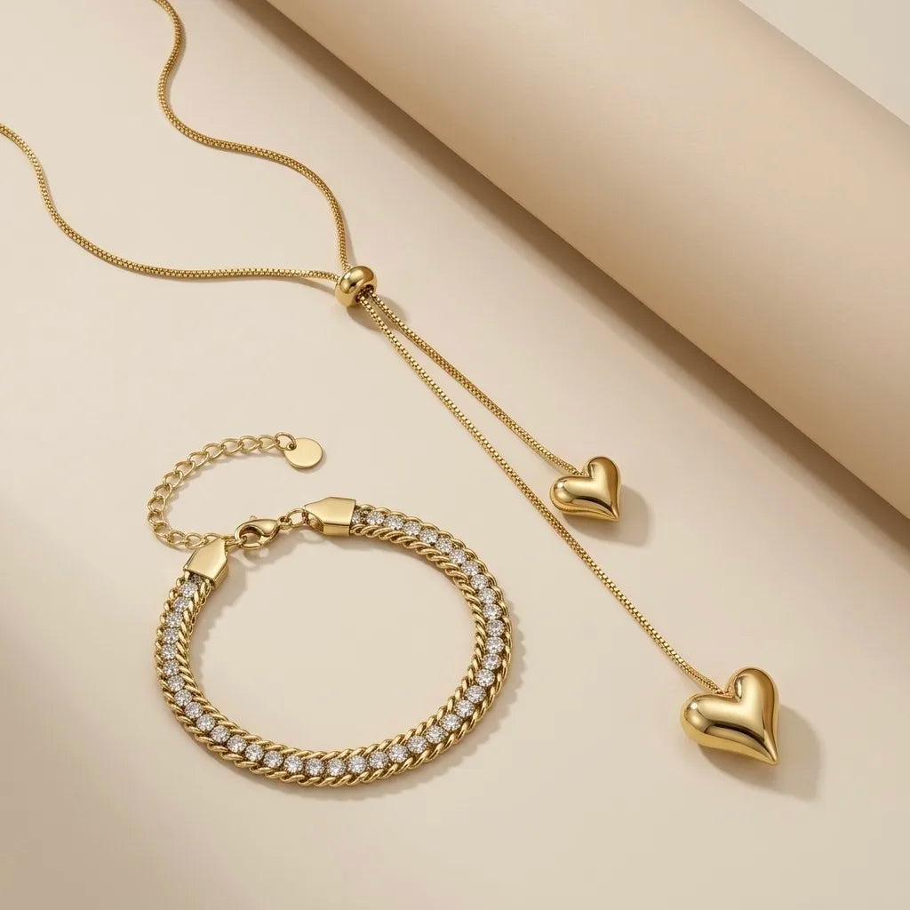 18Kt Gold Plated Dual Heart Necklace & Tennis Jewellery Set