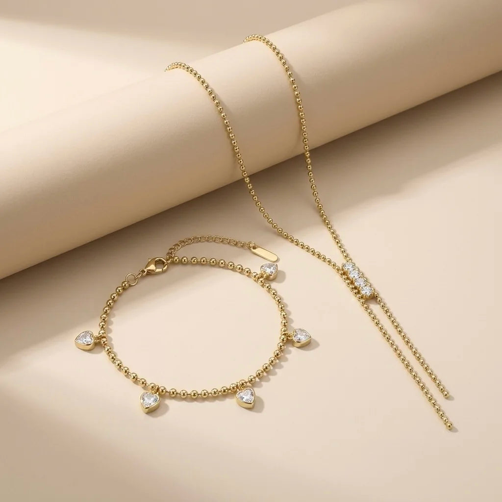 18Kt Gold Plated Beaded Heart Bracelet & Tassel Necklace Set