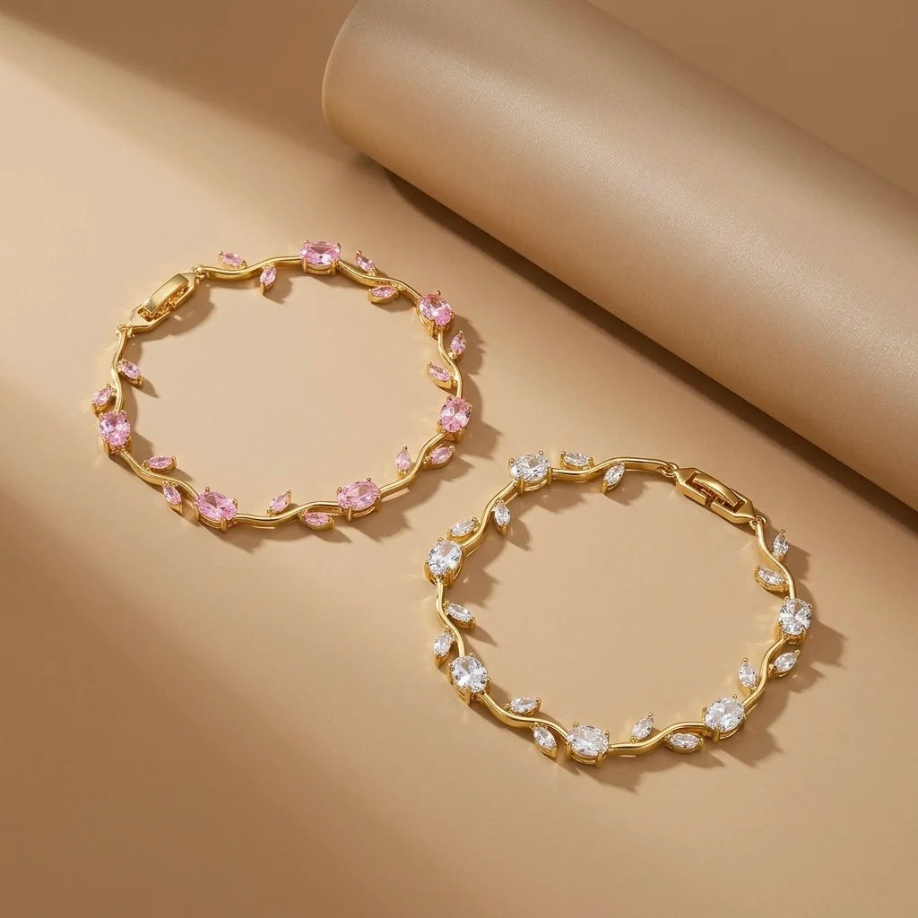 18Kt Gold Plated Pink & White Crystal Tulip Bracelet Set