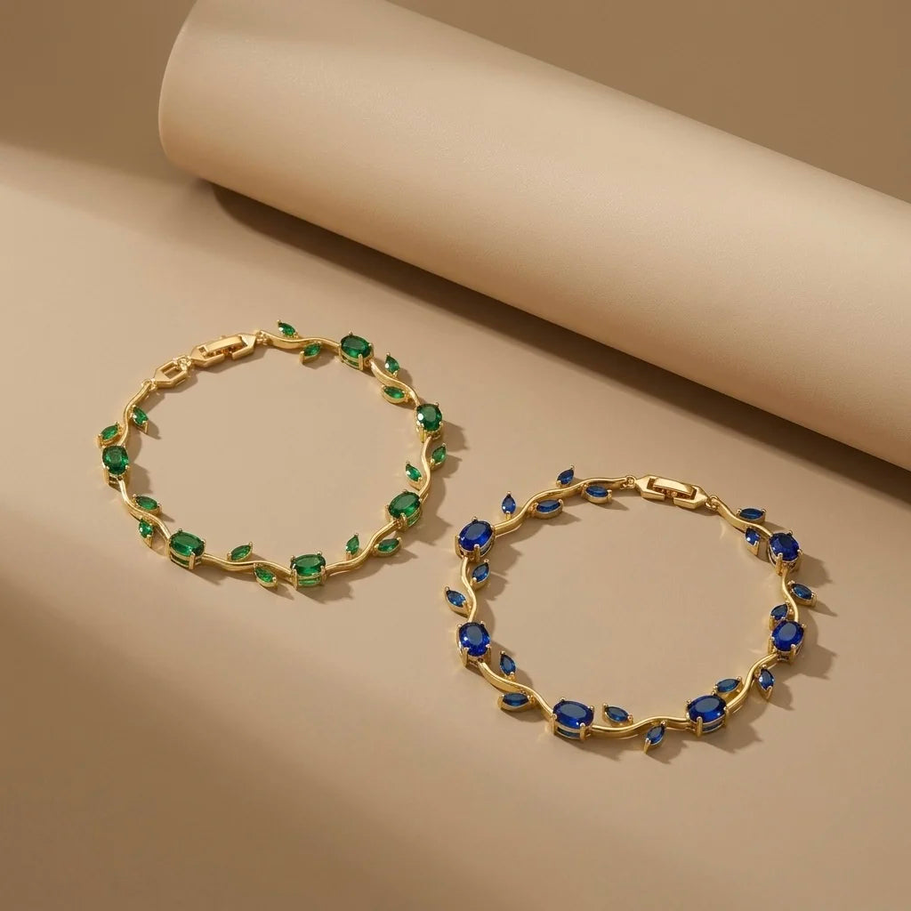 18Kt Gold Plated Green & Blue Stone Tulip Bracelet Set