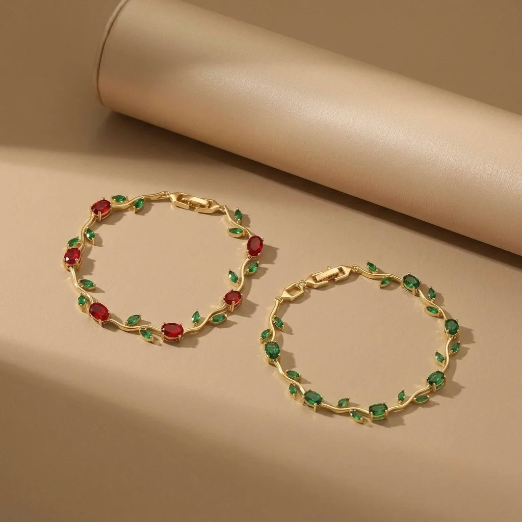 18Kt Gold Plated Red and Green Tulip Bracelet Set