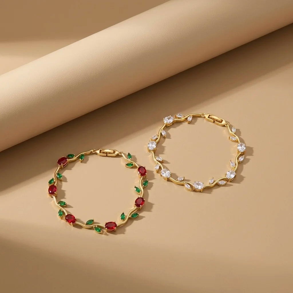 18Kt Gold Plated Red Green and White Crystal Tulip Bracelet Set