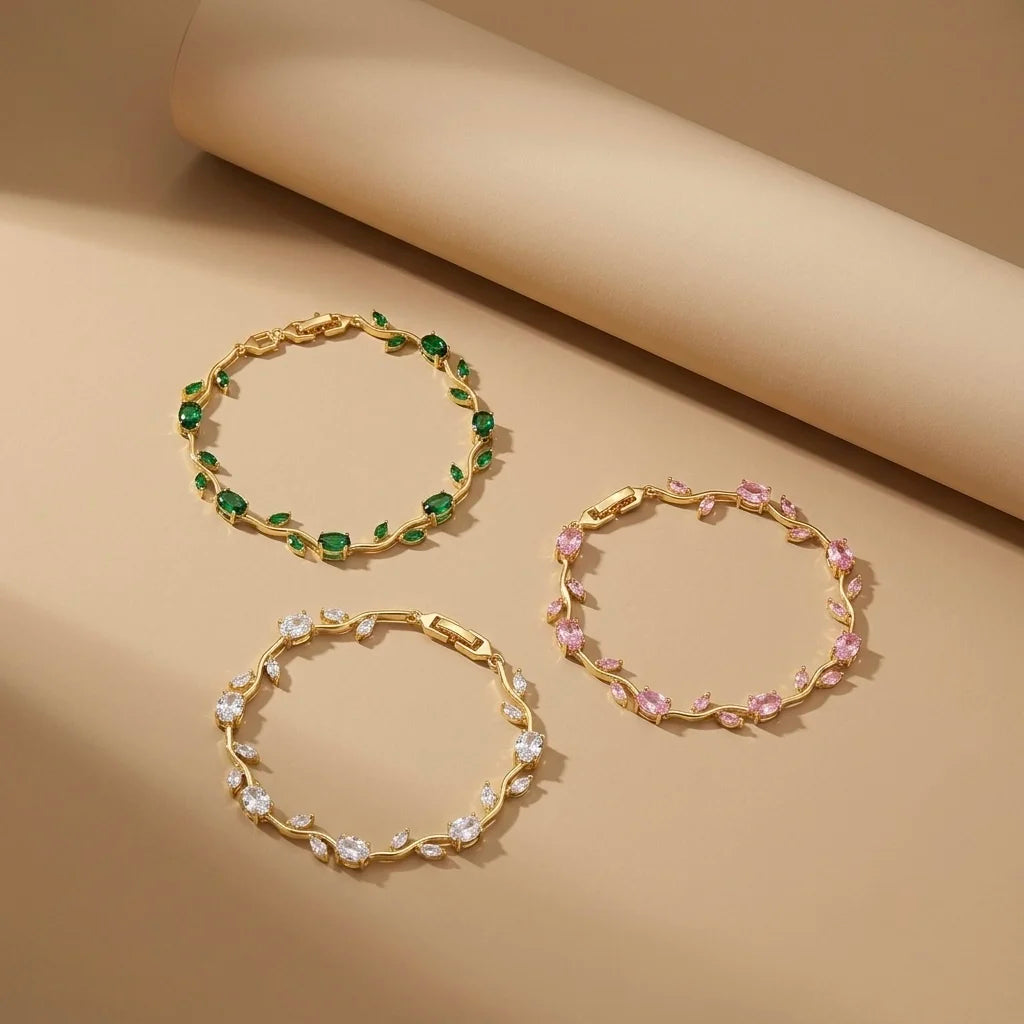 18Kt Gold Plated Green Pink Crystal Tulip Bracelet Set