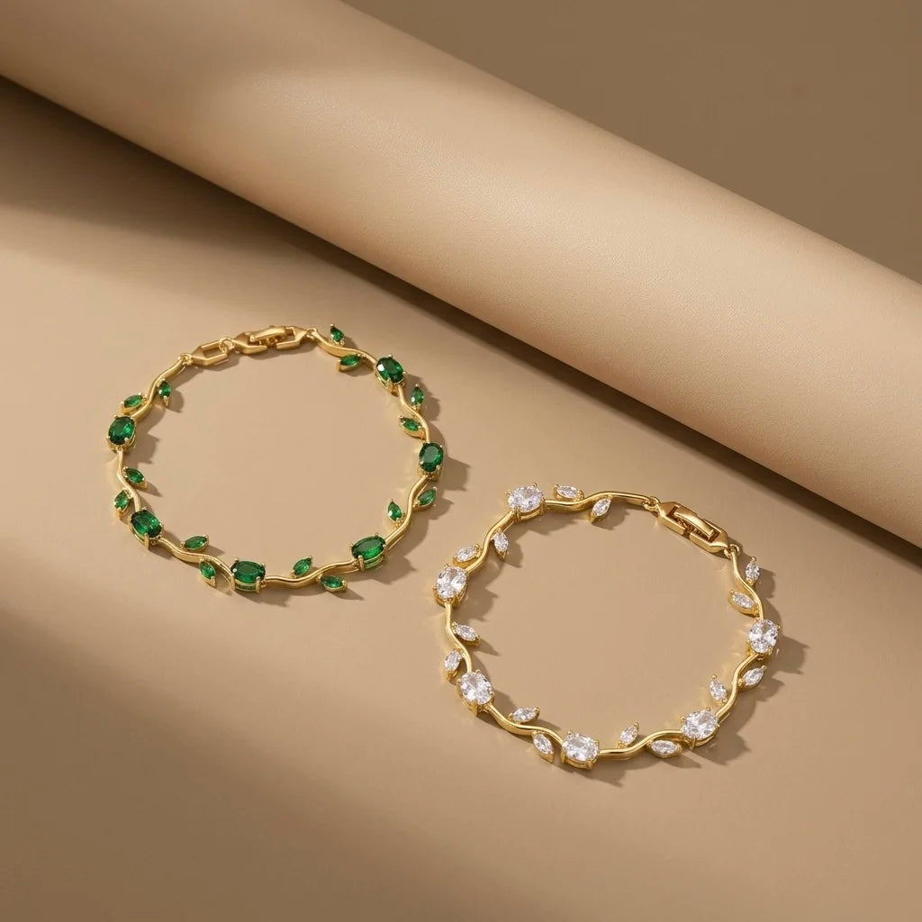 18Kt Gold Plated Green & White Stone Tulip Bracelet Set