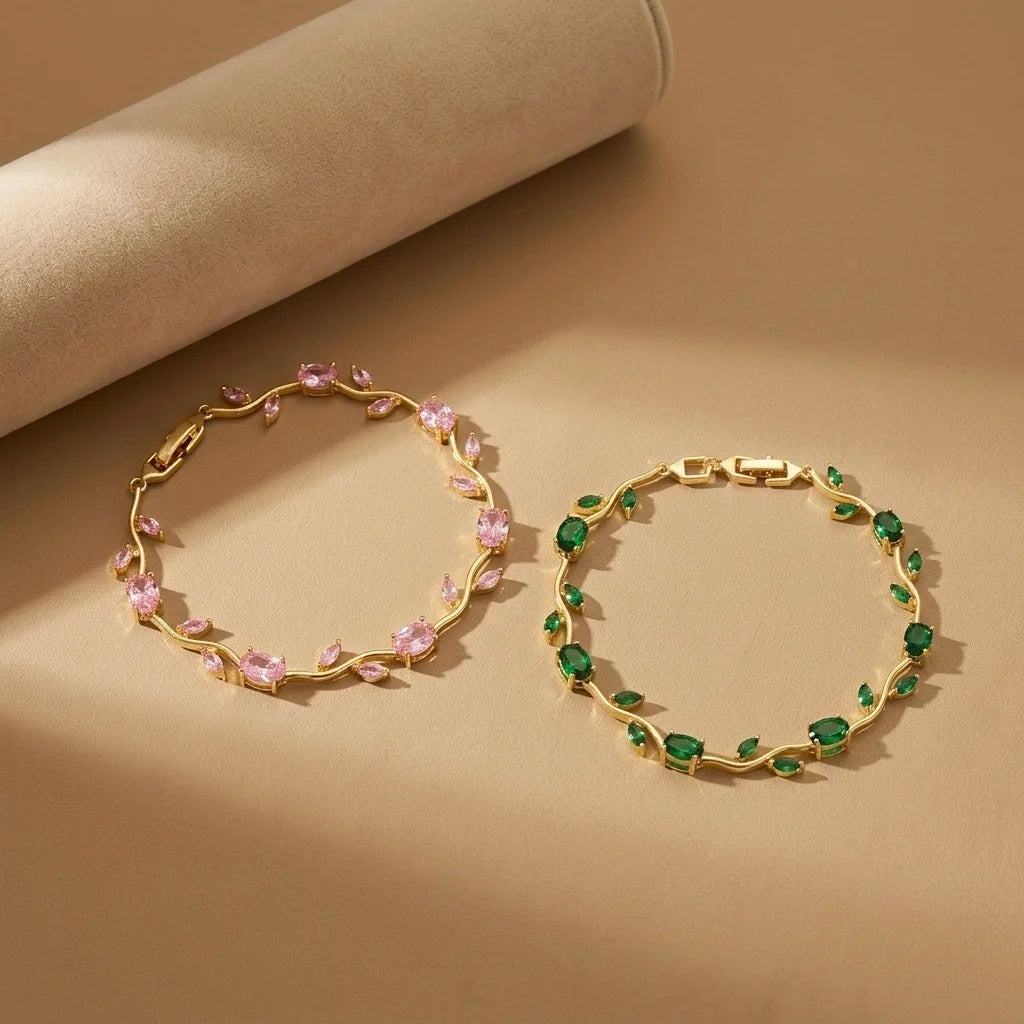 18Kt Gold Plated Pink & Green Leaf Bracelet Set