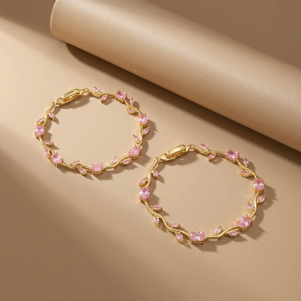 18Kt Gold Plated Pink Crystal Tulip Bracelet Set