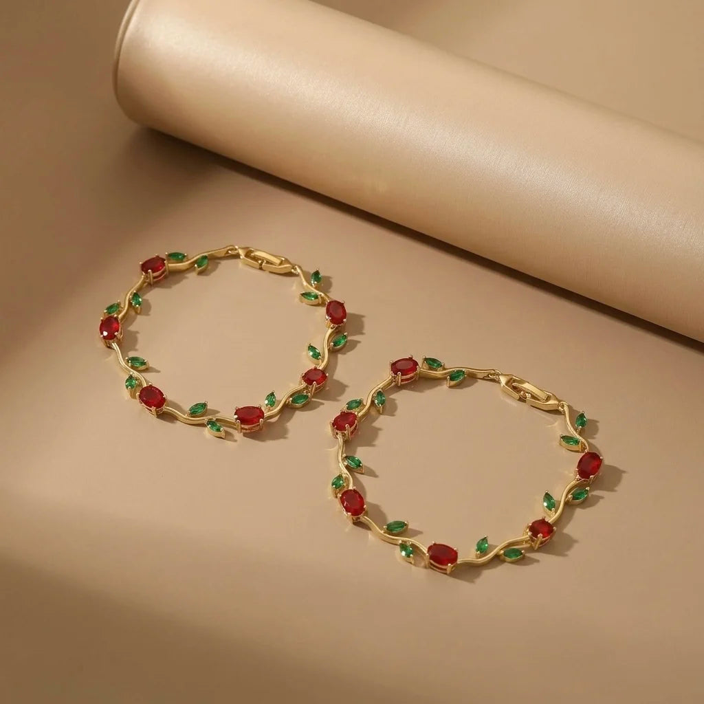 18Kt Gold Plated Red & Green Tulip Bracelet Set