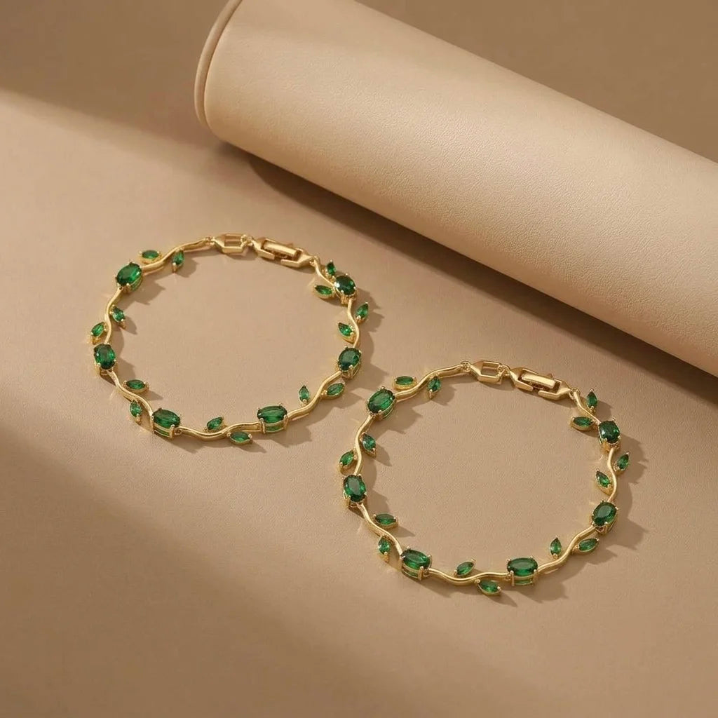 18Kt Gold Plated Green Emerald Tulip Bracelet Set