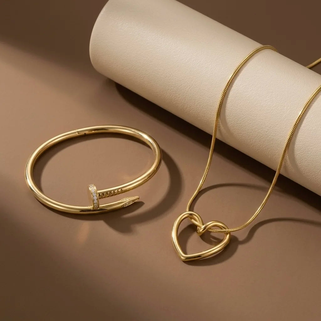 18Kt Gold Plated Heart Necklace & Crystal Bangle Set