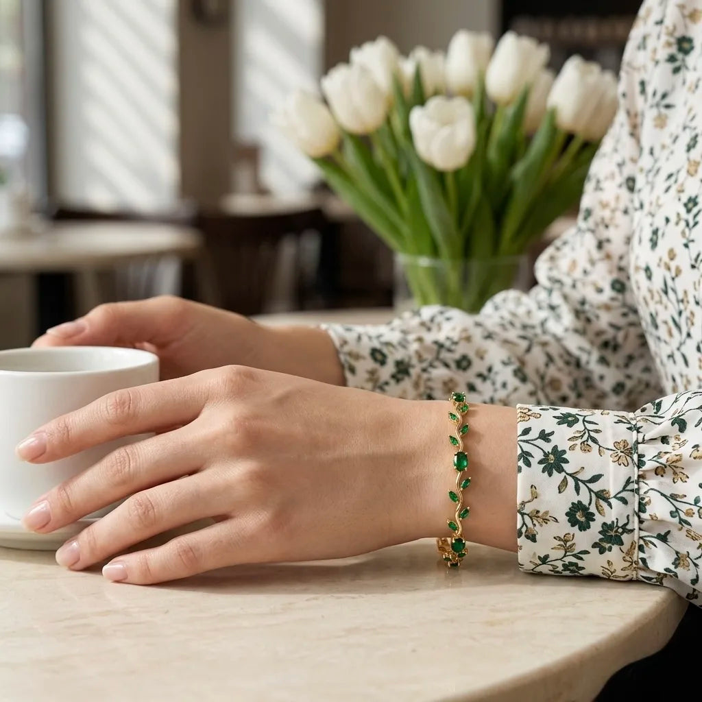18Kt Gold Plated Green Leaf Stone tulip Bracelet