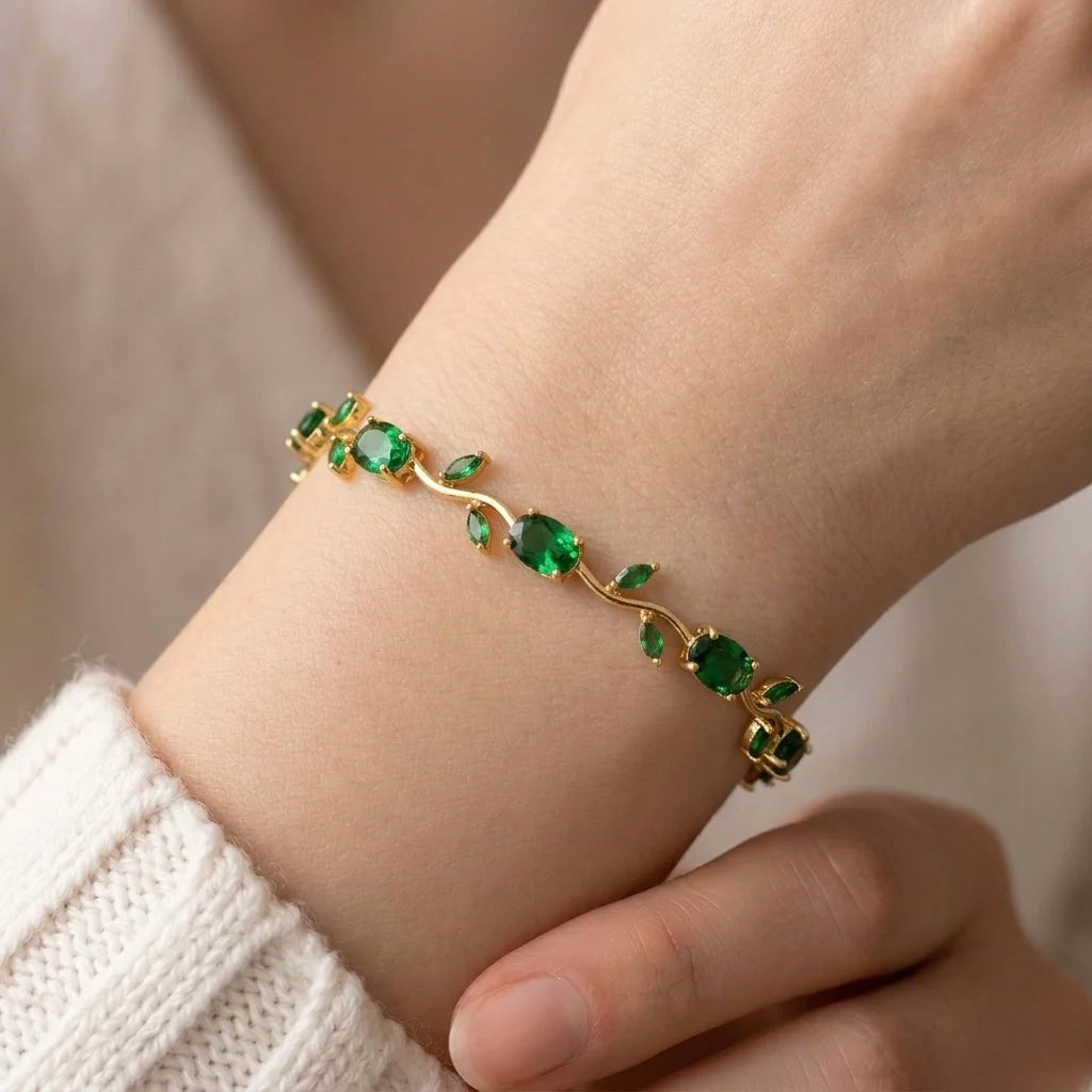 18Kt Gold Plated Green Leaf Stone tulip Bracelet