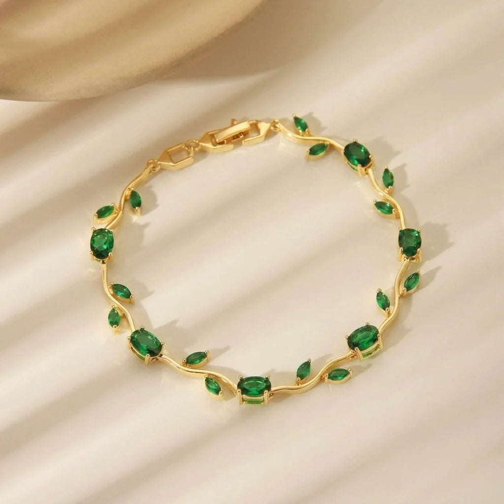 18Kt Gold Plated Green Leaf Stone tulip Bracelet