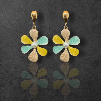 Cute Petal Drop Earrings – Enamel Finish with Pearl Touch