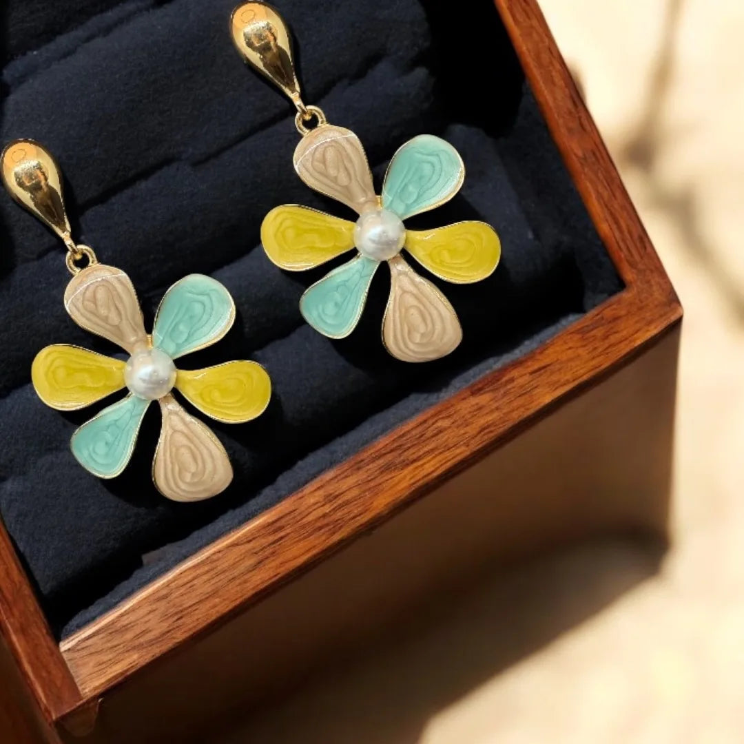 Cute Petal Drop Earrings – Enamel Finish with Pearl Touch