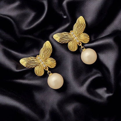 Pearl Drop Butterfly Earrings – 18K Gold Plated Anti-Tarnish