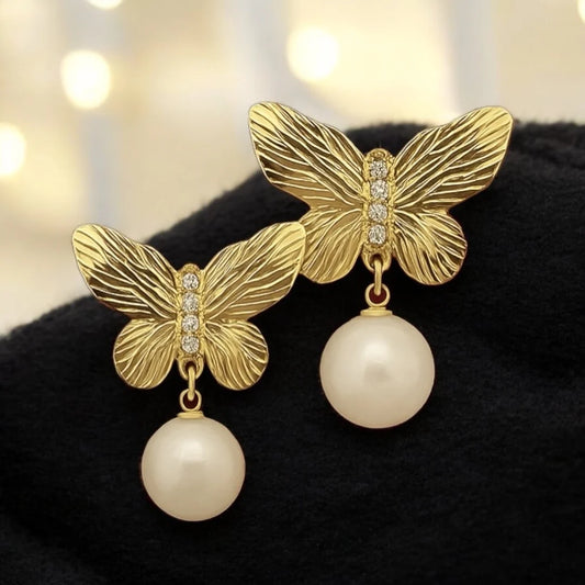 Pearl Drop Butterfly Earrings – 18K Gold Plated Anti-Tarnish