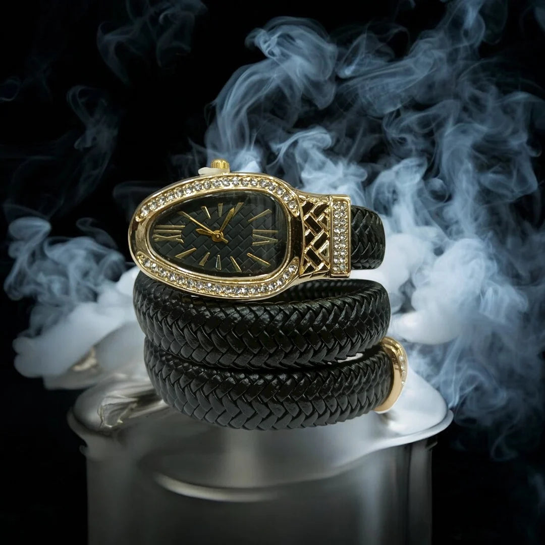 Serpent Luxe Wrap Watch – Black & Gold Edition
