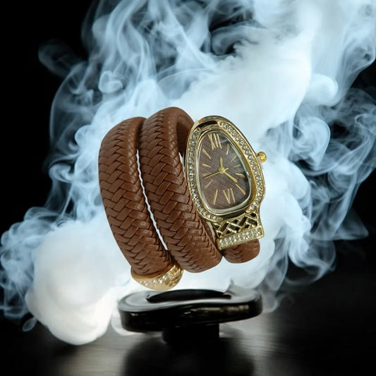 Serpent Luxe Wrap Watch – Brown & Gold Edition