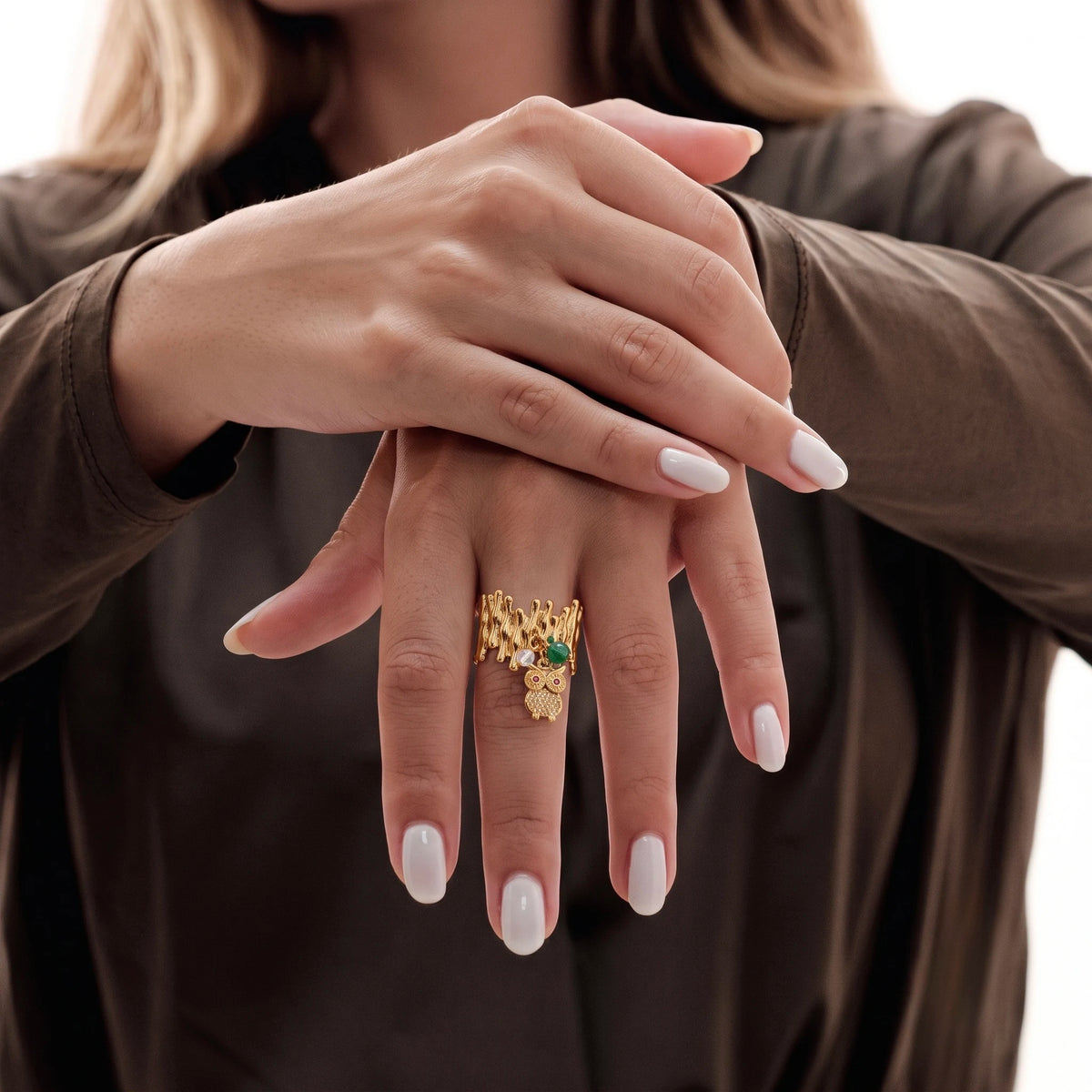 18Kt Gold Plated Textured Statement Adjustable Ring with Owl Charm