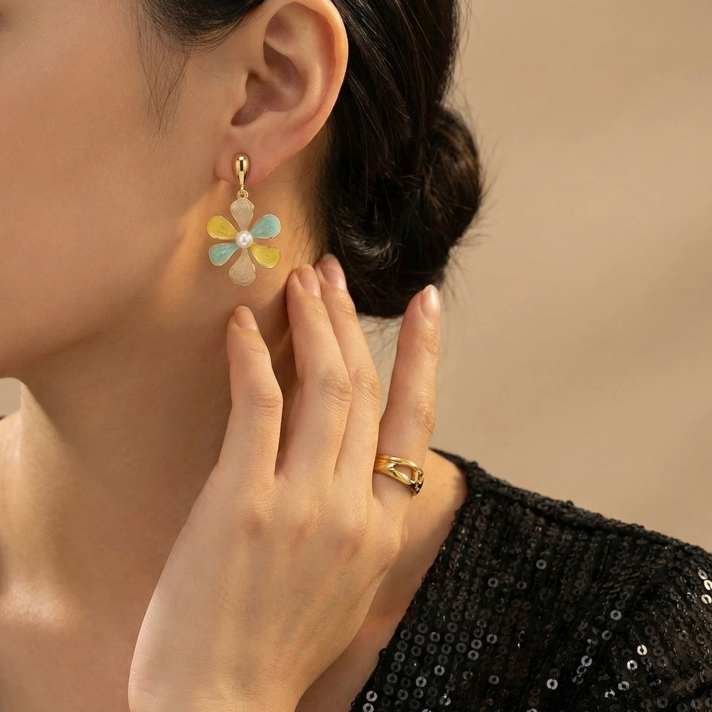 18KT Gold Plated Cute Petal Drop Earrings – Enamel Finish with Pearl Touch