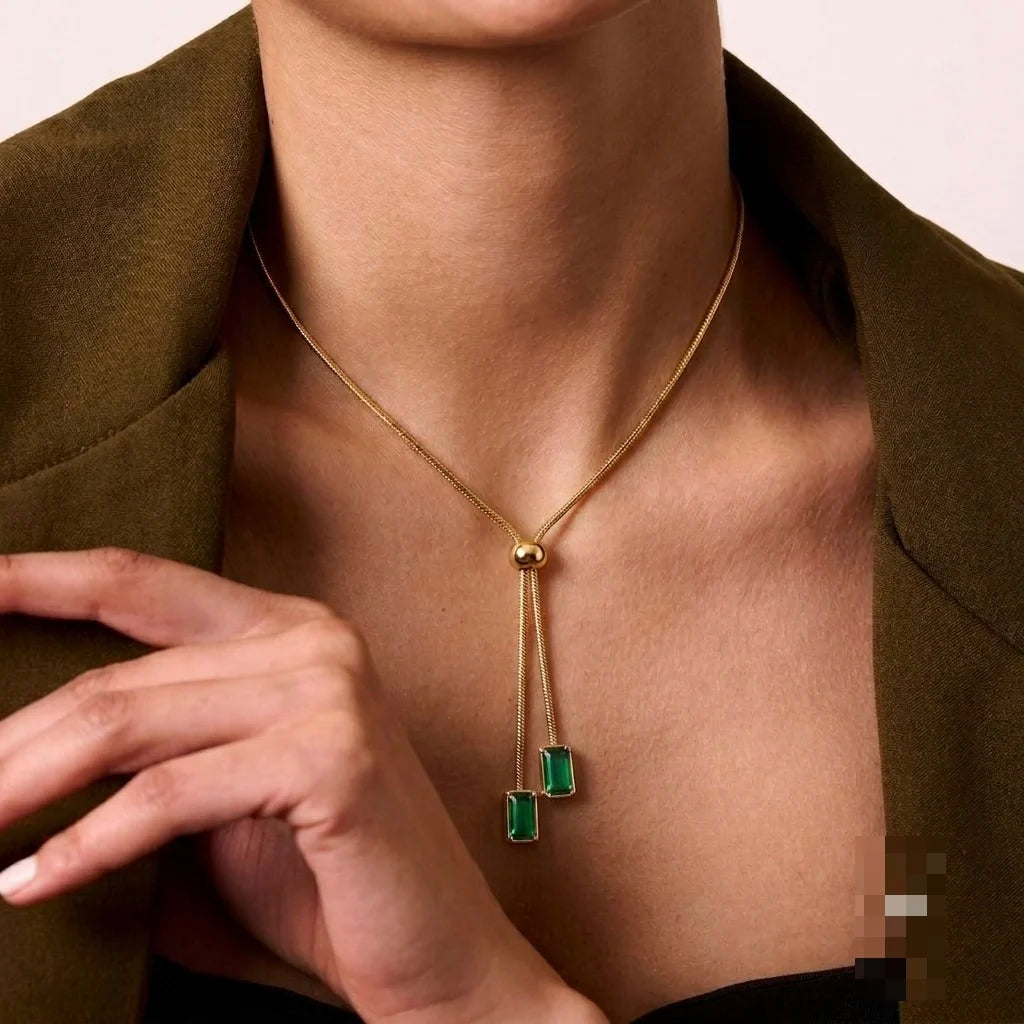 18Kt Gold Plated Green Crystal Y Drop Necklace