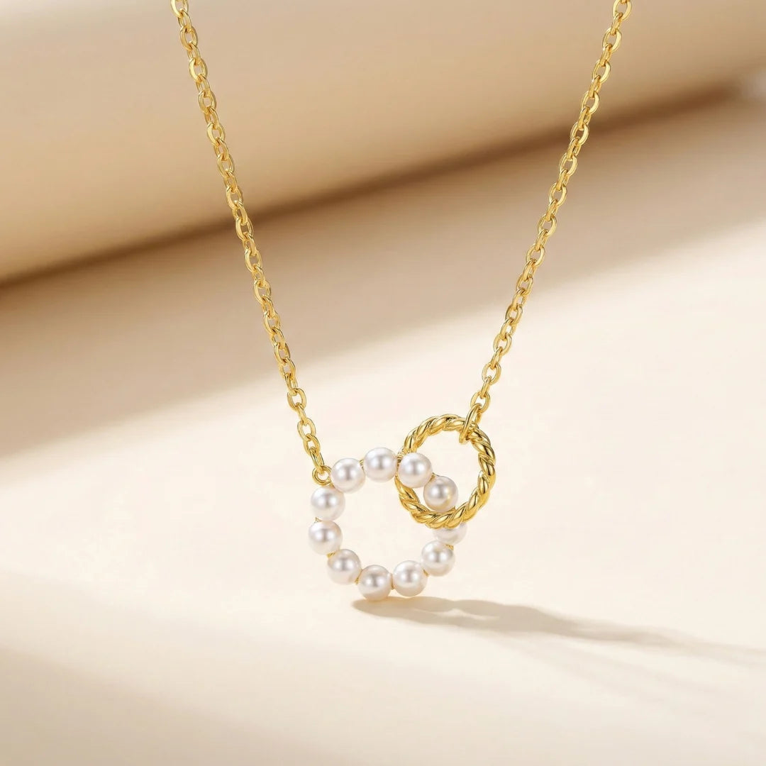18KT Gold Plated Twin Ring Charm Pearl Necklace