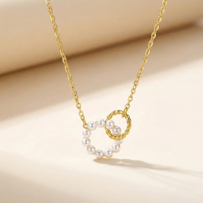 18KT Gold Plated Twin Ring Charm Pearl Necklace