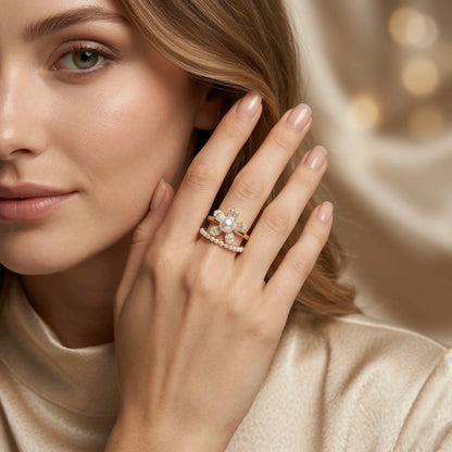 Adjustable, 18Kt Gold Plated Luxe Pearl Flower Stackable Rings