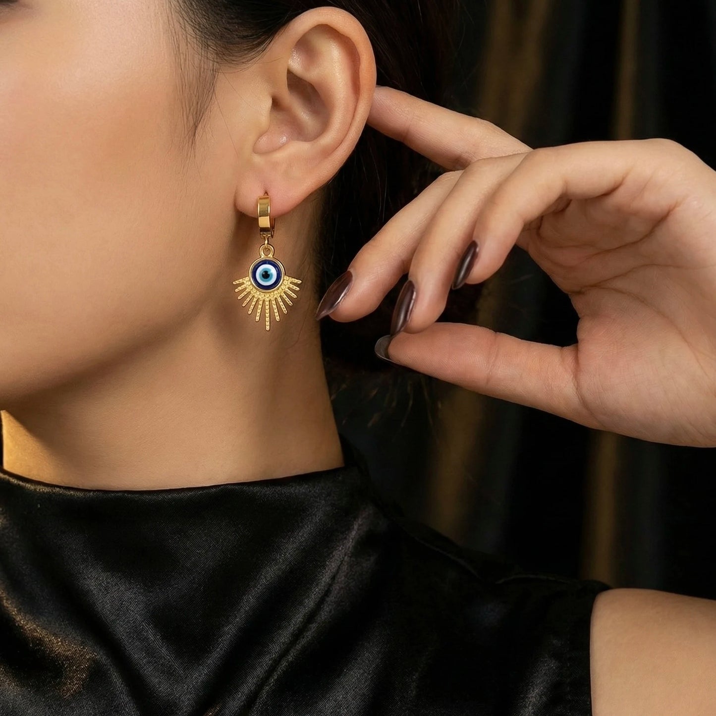 18KT Gold Plated Blue Evil Eye Charm Earrings