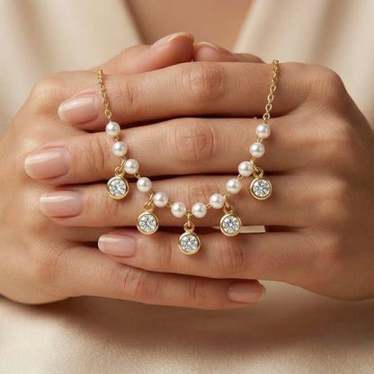 18Kt Gold Plated Pearl & CZ Drop Necklace