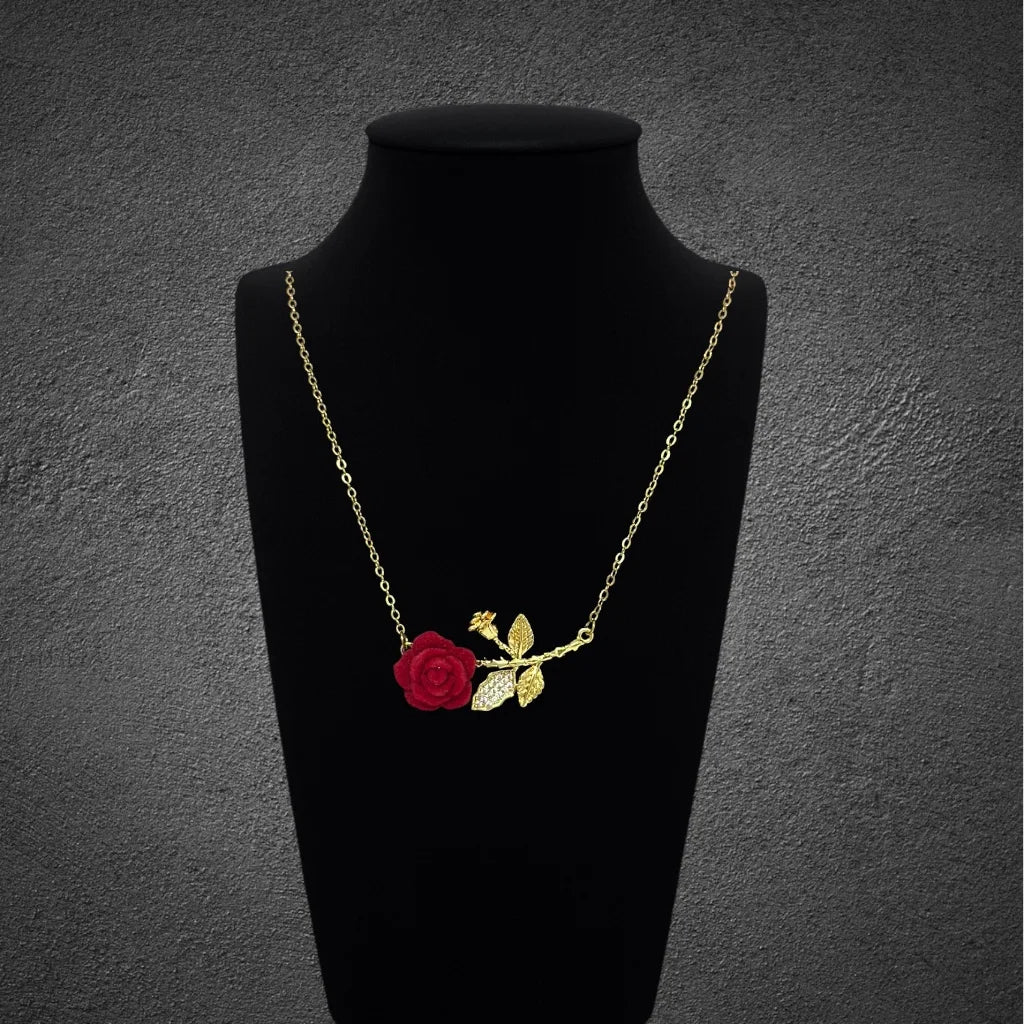 Red Rose Gold Stem Pendant Necklace