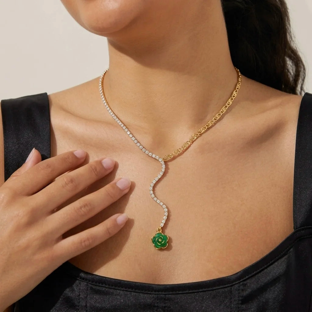 18Kt Gold Plated Green Crystal Floral Y Necklace