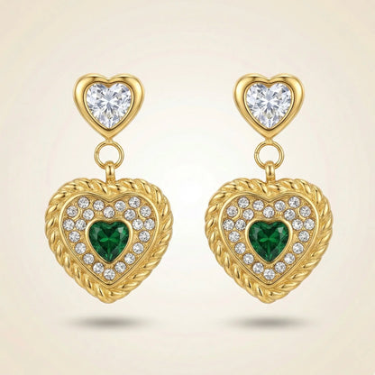 18KT Gold Plated Royal Green Heart Luxe Earrings