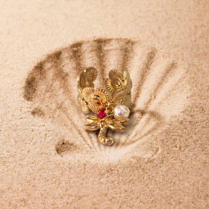 18Kt Gold Plated Floral Dragonfly Charm Statement  adjustable Ring