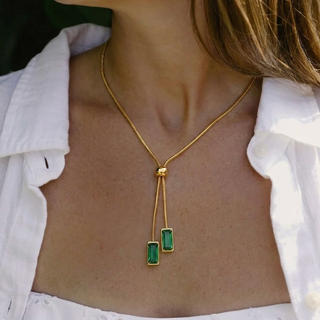 18Kt Gold Plated Green Crystal Y Drop Necklace