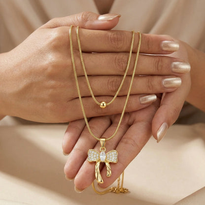 18Kt Gold Plated Double Layer Bow Pendant Necklace