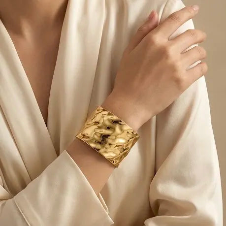 18KT Gold Plated Bold Hammered Bracelet Cuff