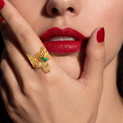 18Kt Gold Plated Textured Statement Adjustable Ring with Owl Charm