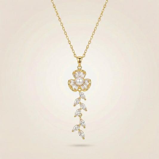 18Kt Gold Plated Elegant Pearl & CZ Flower Necklace