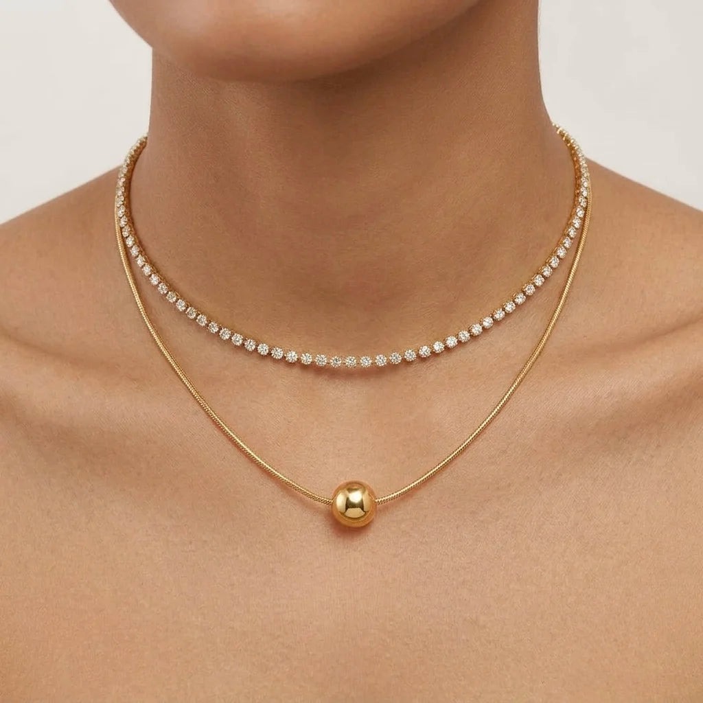 18Kt Gold Plated CZ Tennis & Ball Pendant Necklace