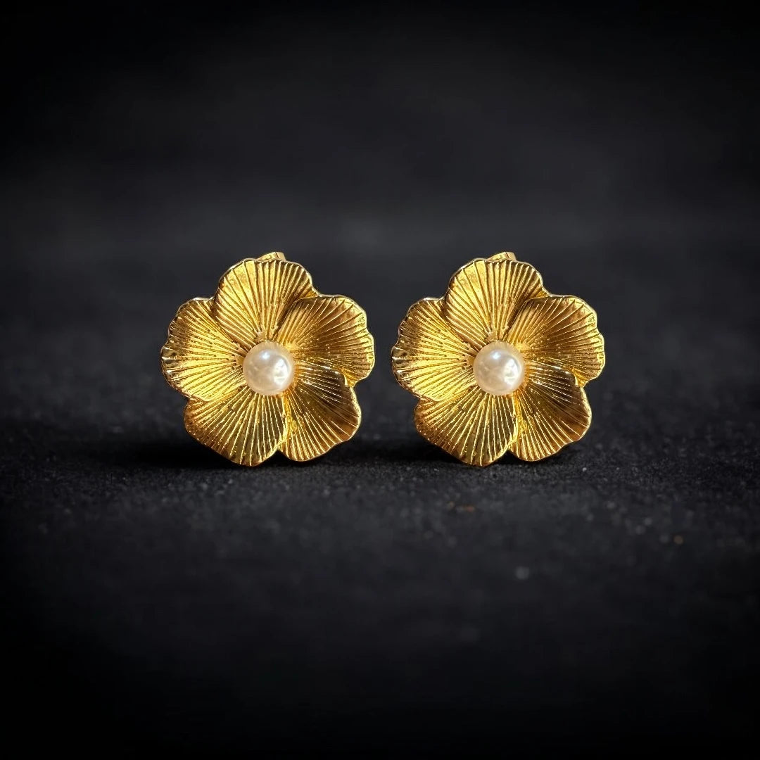 Dainty Floral Pearl Studs - 18K Gold Plated & Waterproof