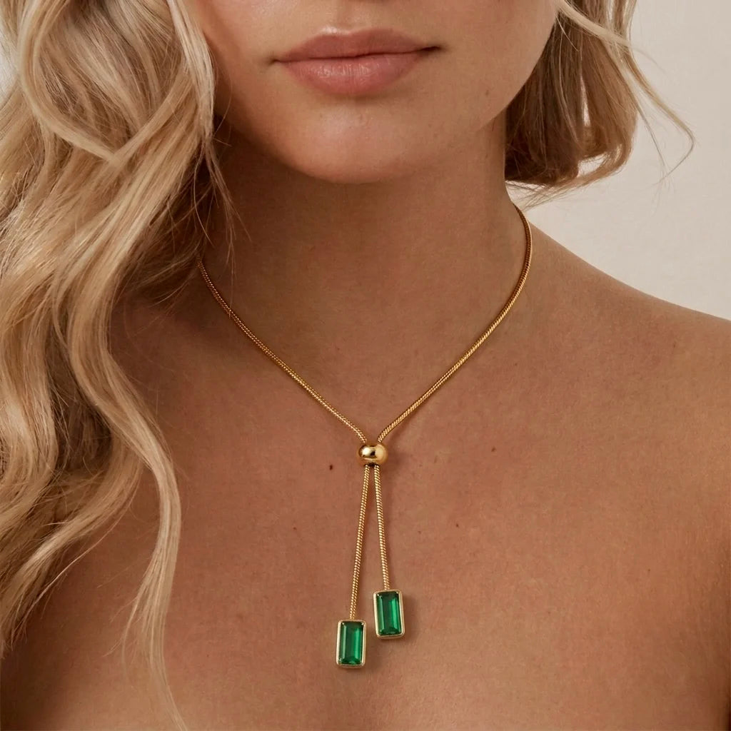 18Kt Gold Plated Green Crystal Y Drop Necklace