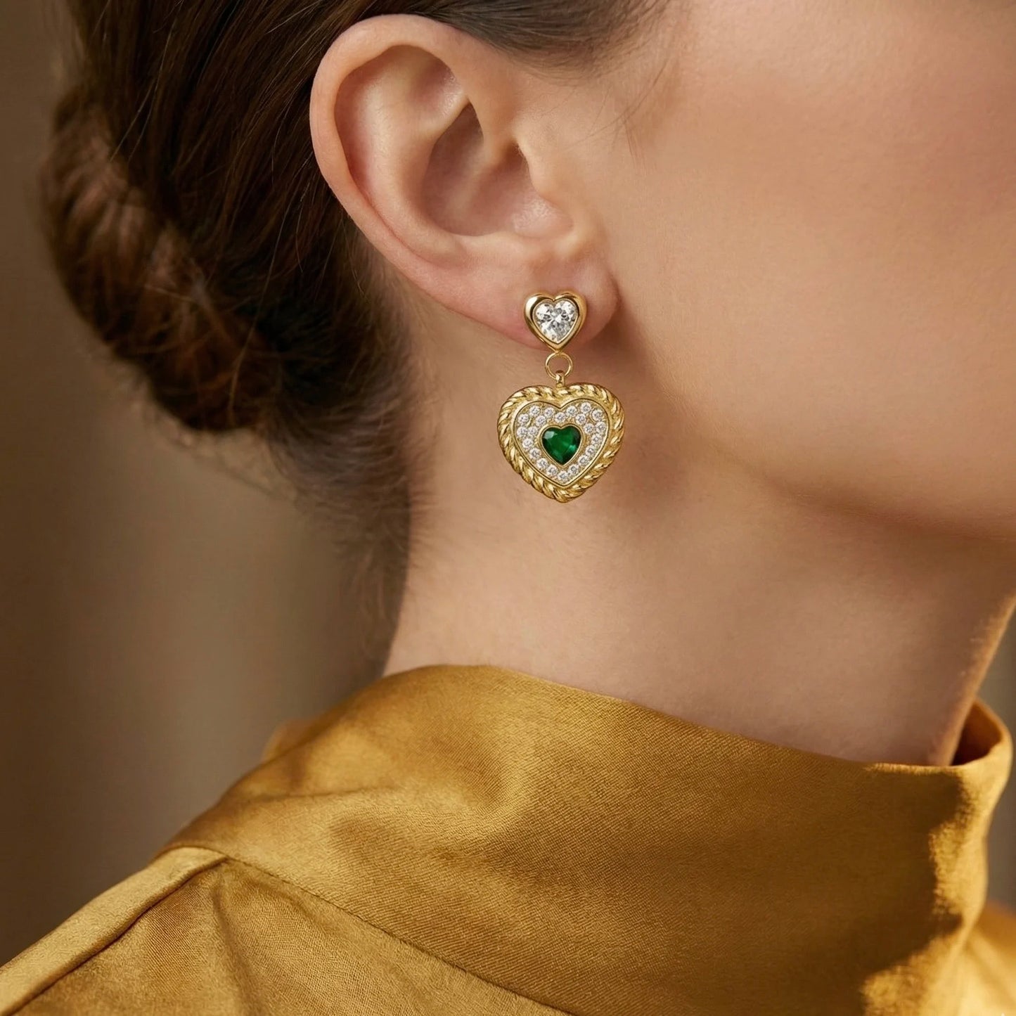 18KT Gold Plated Royal Green Heart Luxe Earrings